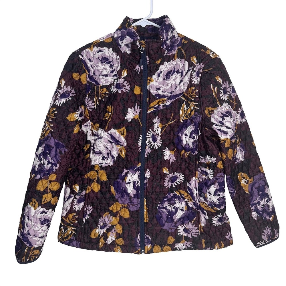 Lands End Womens Petite Primaloft‎ Quilted Floral Jacket Purple PM Cottagecore